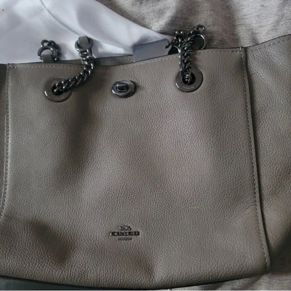Coach Gray Leather Tote with Chain Handles and Turnlock - Picture 1 of 16